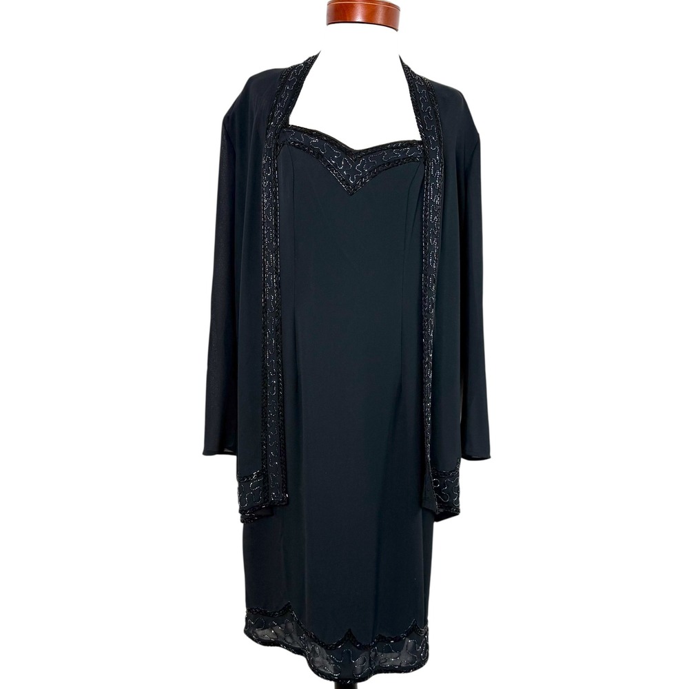 VTG 90s Samuel Scott Beaded‎ Dress and Duster Set Black Made in USA Evening Glam